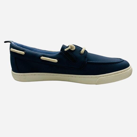 Boys Navy Boat Shoes Slip On Faux Leather Moc Toe Loafers Padded Collar Size 6 - Picture 2 of 7